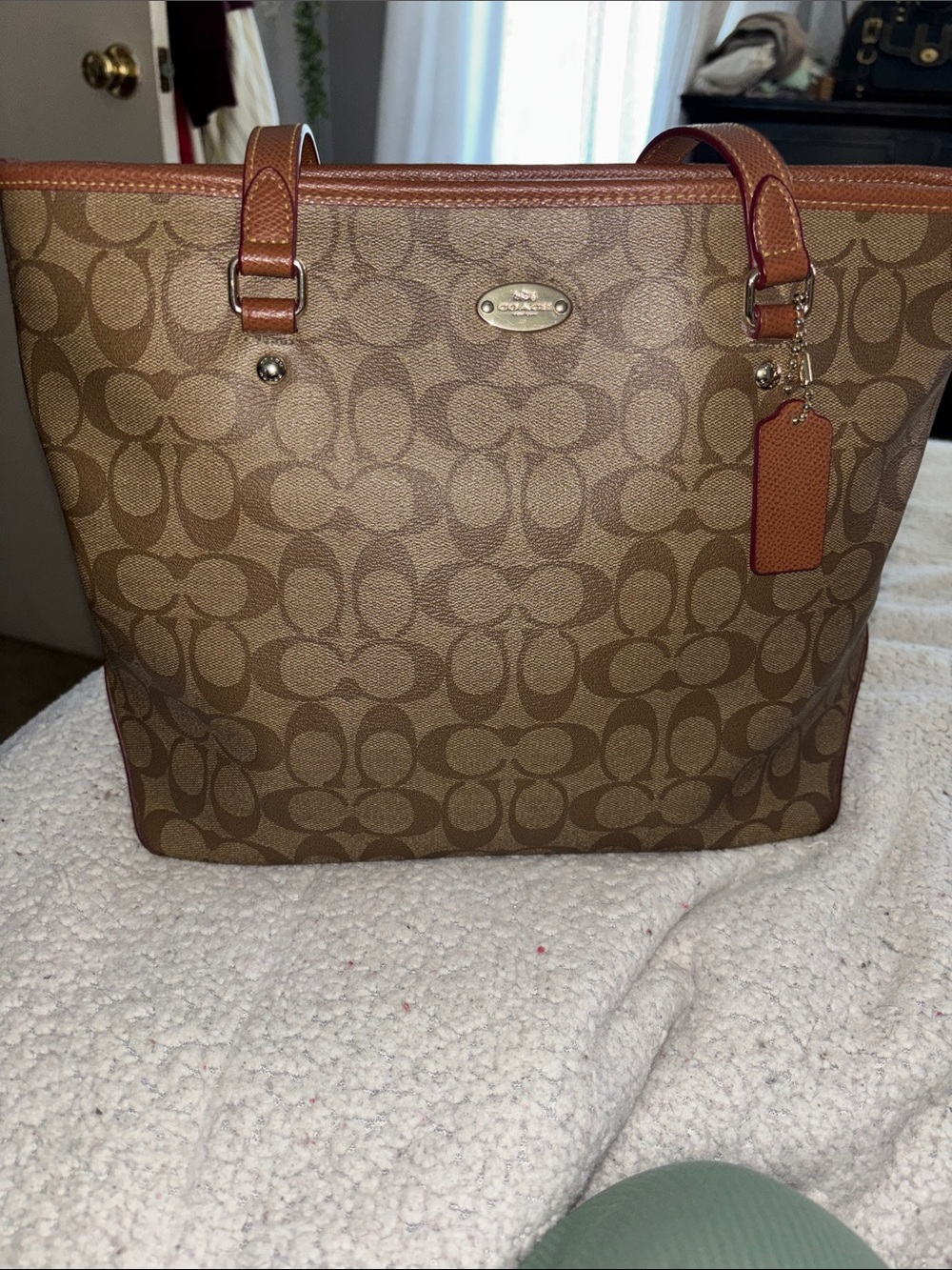 Coach monogram Signature Zip top Tote/Purse, Khaki Brown